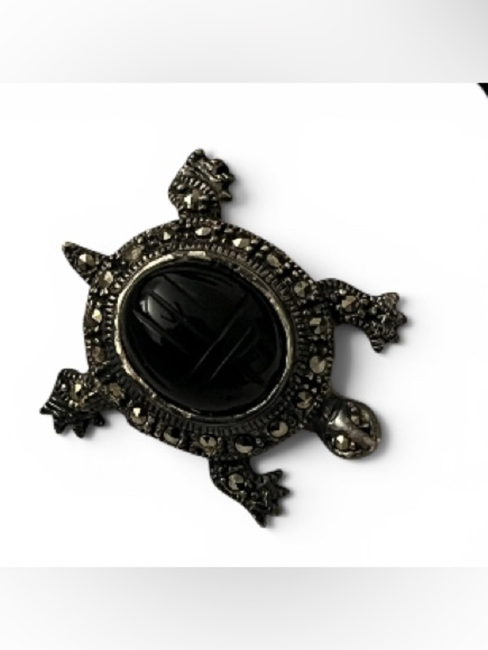 Vintage Sterling Silver 925 Black Scarab Bead Marcasite Turtle Brooch